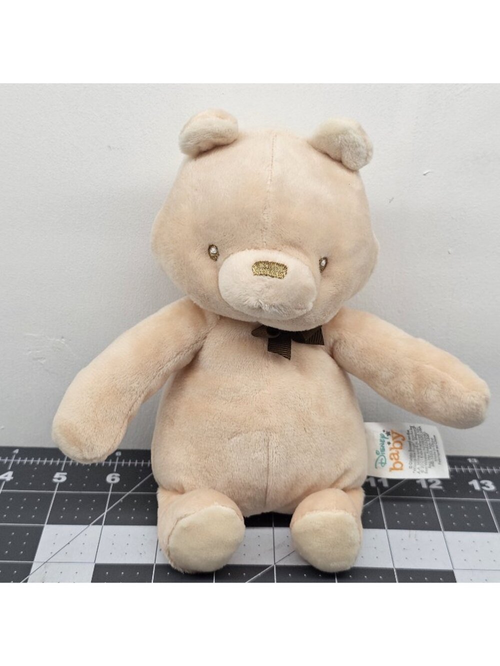 Disney Baby Classic Winnie The Pooh Plush Bear Tan Beige Gold Nose Ribbon
